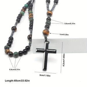 Natural Stone Tiger Eye Faux Turquoise Agate Necklaces Round Bead Necklace With Cross Pendant For Men