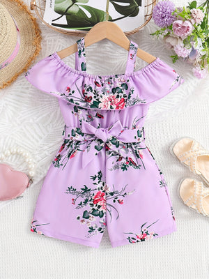 Girls Casual Ruffled Off-Shoulder Dress Flower Graphic Jumpsuit For Summer Girls Clothes