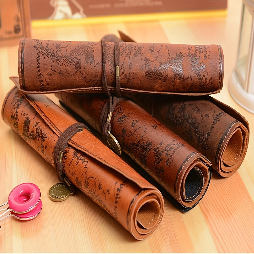 Vintage Retro Treasure Map Luxury Roll Leather Make Up PU Cosmetic Pen Pencil Case Pouch Purse Bag For School HOT