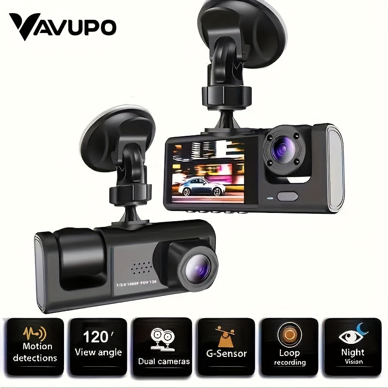 Vavupo 1080P 2&3 Channel Dash Cam for Cars - Front, Inside & Rear View with IR Night Vision, Loop Recording, Wide Angle Lens, and 5.08cm IPS Display