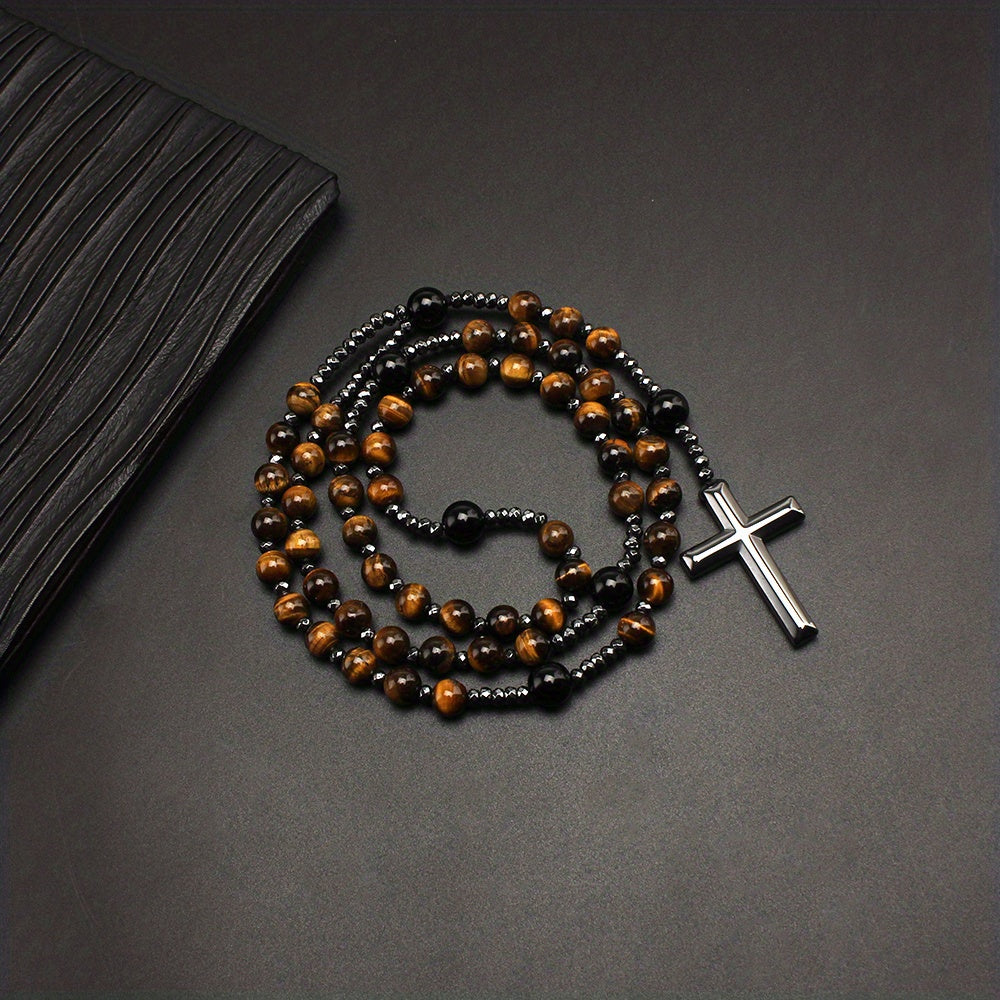 1pc Natural Stone 8mm Tiger Eye Stone Rosary Black Gallstone Cross Men's Raw Stone Necklace