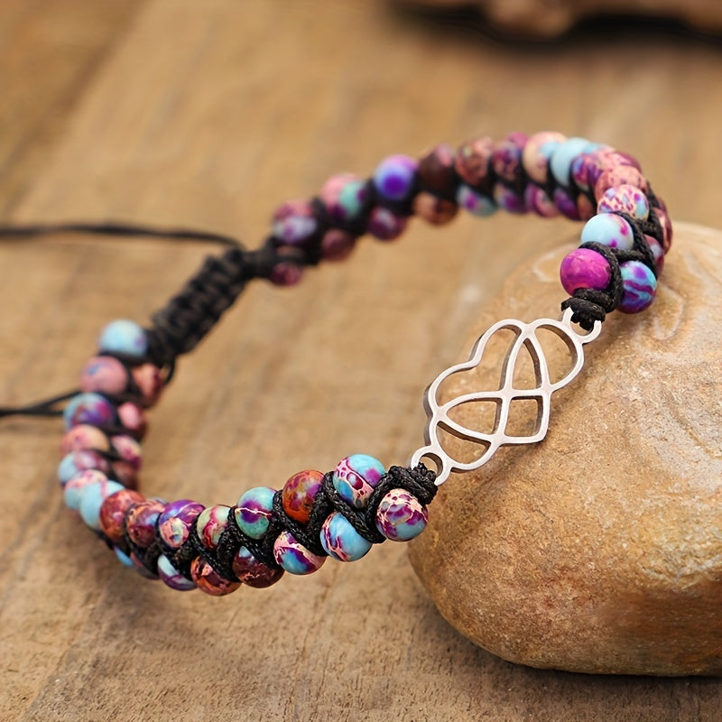 Boho Handmade Braided Double Layer Natural Stone Bracelet Hollow Love Heart Bracelet For Men