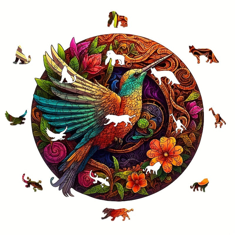 Hummingbird Disc Wooden Colorful Jigsaw Puzzle, Alien Shape Animal Jigsaw Puzzle, Adult Stress Relief Super Difficult Educational Toys, Birt