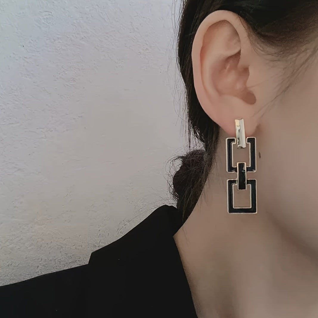 Hollow Rectangle Shape Black Enamel Dangle Earrings Japanese / Korean Style Alloy Jewelry Daily Wear Accessories