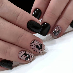 24pcs Glossy Short Square  Fake Nails, Black White Press On Nails With Butterfly Leaves Design, Sweet Cool Full Cover False Nails For Women