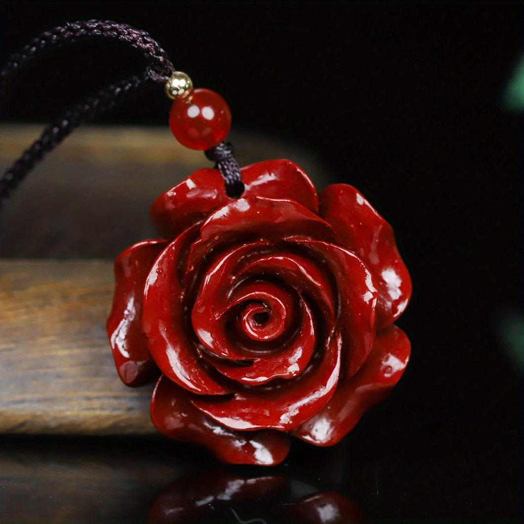 Natural Cinnabar Double Sided Carved Rose Necklace Pendant Good Luck Necklace