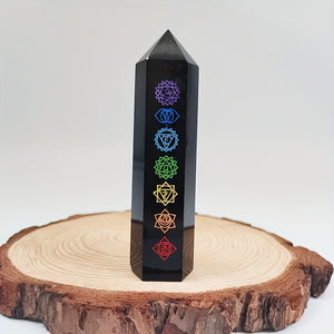 Black Obsidian Seven Main Chakras Symbolic Crystal Tower Healing Crystal The Seven Chakras Wand For Spiritual Use Hexagonal Point Reiki Chakra Gemsone Home Office Decoration