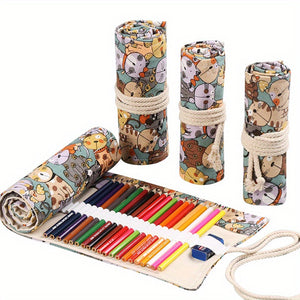 Creative Handmade Canvas Pen Curtain 12/24/36/48/72 Holes Large Capacity Pencil Case Sketch Stationery Box Large Capacity Pencil Case Simple