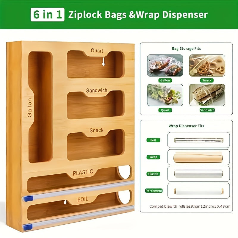 Bamboo Ziplock Bag Organizer And Foil And Plastic Wrap Organizer, Aluminum Foil Organization And Storage, Plastic Wrap Dispenser With Cutter