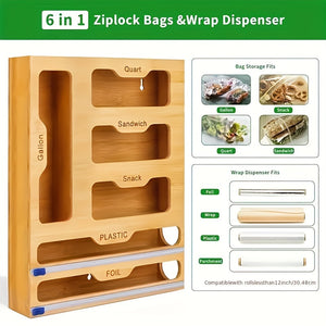 Bamboo Ziplock Bag Organizer And Foil And Plastic Wrap Organizer, Aluminum Foil Organization And Storage, Plastic Wrap Dispenser With Cutter