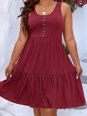 Plus Size Casual Loungewear, Women's Plus Ruffled Hem Button Detail Medium Stretch Comfort Tank Dress