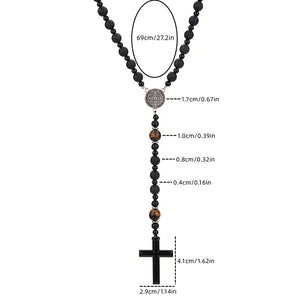 1pc Natural Volcanic Rock Black Agate Yellow Tiger Eye Tag Cross Pendant Rosary Necklace Jewelry For Men And Women