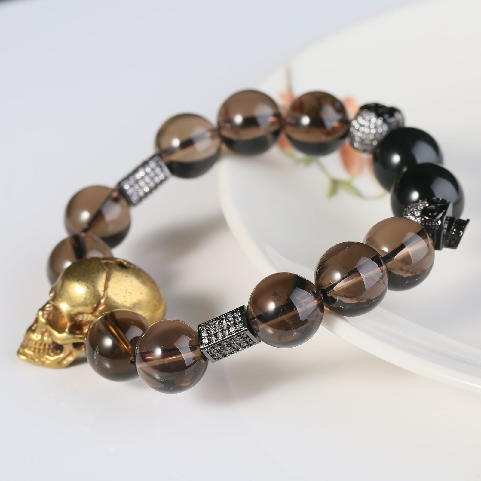 Brass Skulls Bracelets Smoky Quartz Citrine Gothic Men Fashion Crystal Beads