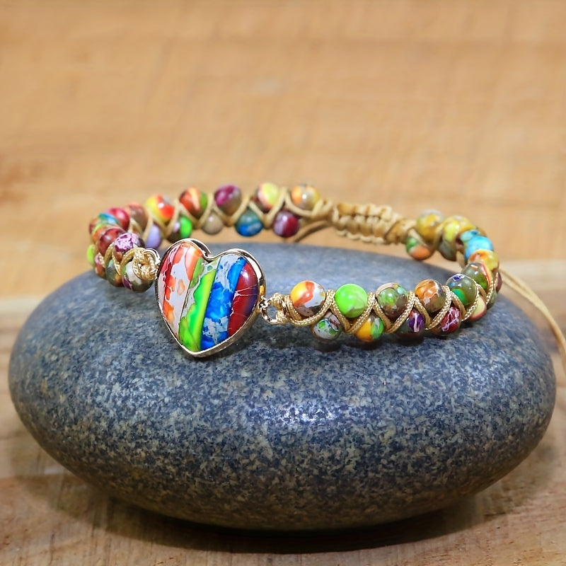 New Natural Stone Colorful Braided Adjustable Bracelet With A Colorful Heart Pendant, Accessories Gift For Boyfriends / Girlfriends