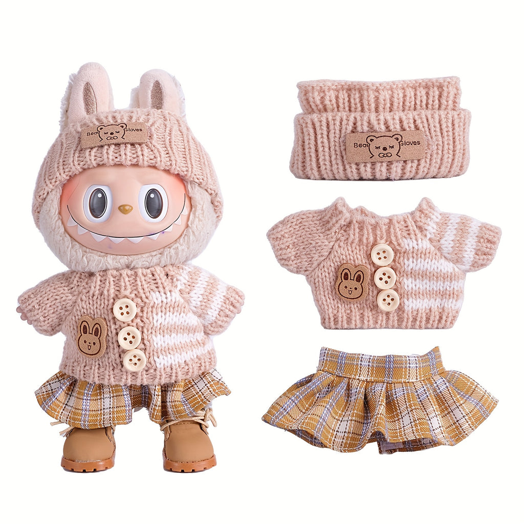 17cm Labubu Doll Clothes For With 3 Outfits - Stylish Fisherman Hat & Sweaters & Pants Or Skirt Set For 17cm Dolls, Adorable BuLabu Accessories For Play & Display (Not Included Shoes & Doll)