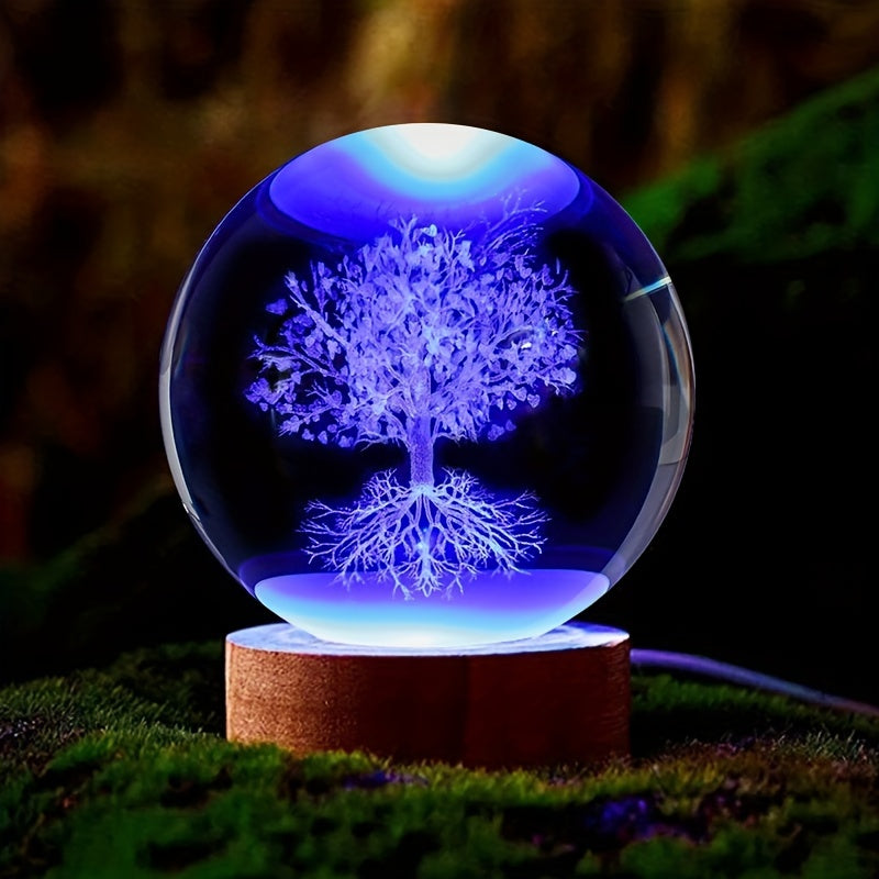 1pc Tree Of Life Crystal Ball Colour Little Night Light, Decorative Birthday And Holiday Gifts, 3D Laser Engraved Glass Plant Life Tree Sphe