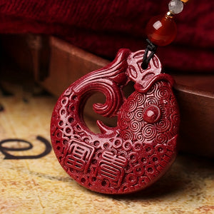 Chinese Red Cinnabar Good Fortune Fish Shape Pendant Necklace