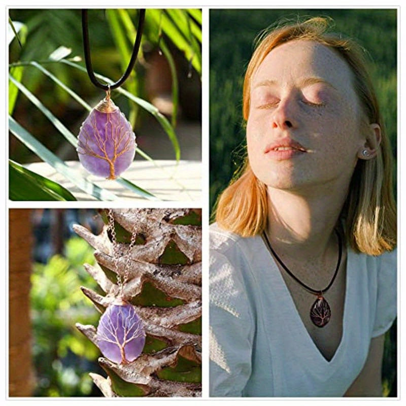 1pc Tree Of Life Teardrop Heart Amethyst Opal Pendant Necklace Copper Wire Wrapped Gemstone Healing Chakra Necklace Choker