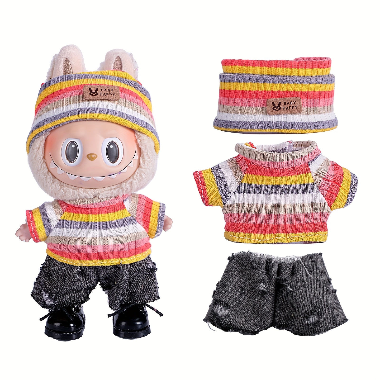 17cm Doll Clothes For Labubu With 3 Outfits - Stylish Fisherman Hat & Sweaters & Pants Or Skirt Set For 17cm Dolls, Adorable Labubu Accessories For Play & Display (Not Included Shoes & Doll)