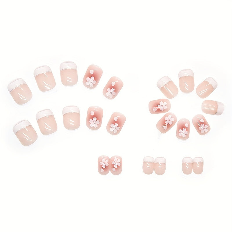 24 pcs Holographic Square Full Cover Press On Nails - White Flower Nude Petite French Tips - DIY Manicure for Women - Glossy Coffin False Na