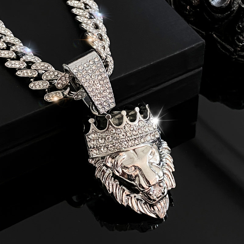 Men'S Crown Lion Head Zinc Alloy Pendant Necklace, Hip Hop Men'S Rhinestone Cuban Chain, Suitable for Daily, Banquet Wear, The Perfect Gift