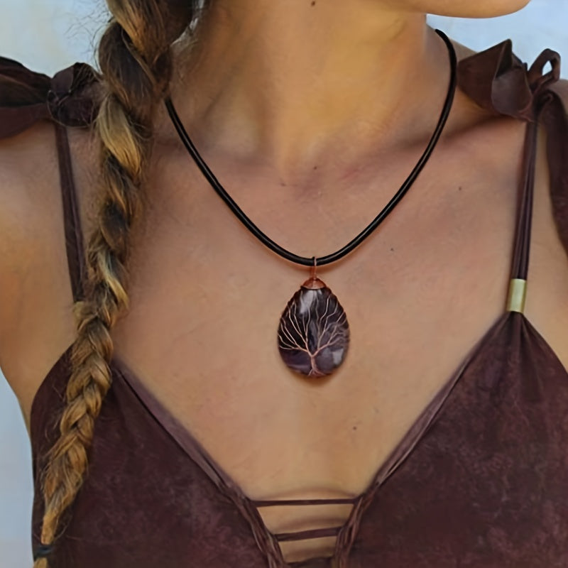 1pc Tree Of Life Teardrop Heart Amethyst Opal Pendant Necklace Copper Wire Wrapped Gemstone Healing Chakra Necklace Choker