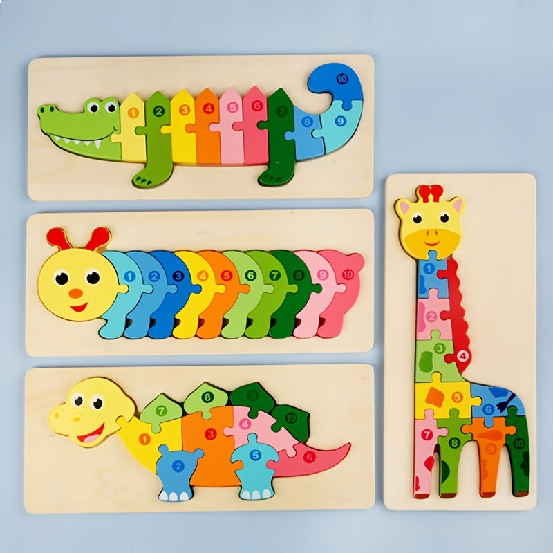 Rectangle Toddler Puzzle,Wooden Puzzle For Children, Animals Puzzles Dinosaur Crocodile Caterpillar Giraffe,Colorful Wood Numbered Puzzles B