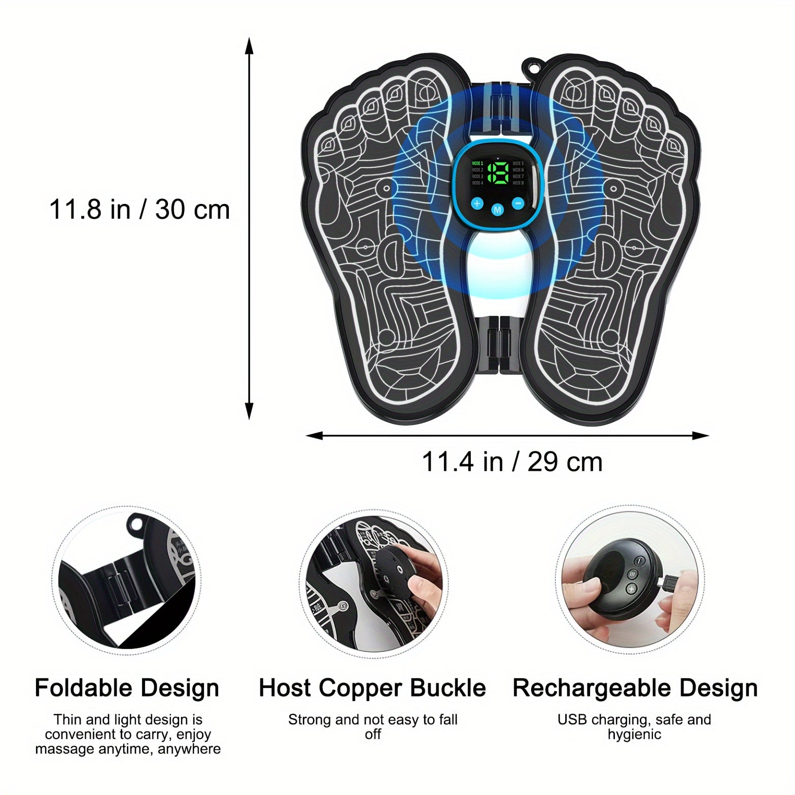 EMS Foot Massager, TENS Massager, Used to Foot, Foldable And Portable, with 8 Modes And 19 Intensities