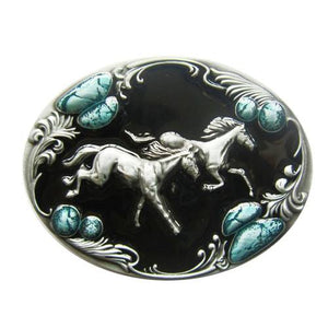 Western Zinc alloy Leather Belt Buckle Double Running Horses Oval Shape Pattern US Local Shipping