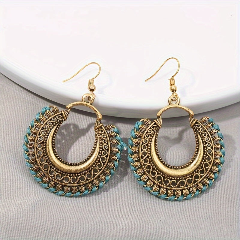 Vintage Round Shape Carved Pattern Dangle Earrings Retro Bohemian Style Alloy Jewelry Delicate Female Gift