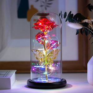 Romantic LED Rose Butterfly Lamp in Glass Dome - Perfect Home Decor and Gift for Weddings, Birthdays, Valentine's Day, and Mother's Day (Bat