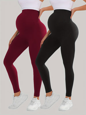 [Tummy Control Leggings] 2pcs High Waist Tummy Control Maternity Leggings - Breathable Softness Butt Lifting Thigh Slimmer