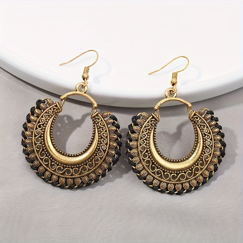 Vintage Round Shape Carved Pattern Dangle Earrings Retro Bohemian Style Alloy Jewelry Delicate Female Gift