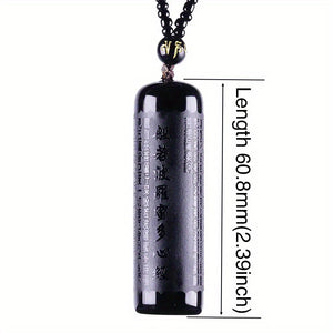 1pc Heart Sutra Round Bead Pendant With Natural Obsidian And Bead Chain, Spiritual Enlightenment Jewelry For Men Women