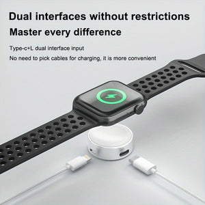 Compact Magnetic Apple Watch Charger with Keychain – Dual USB-C/Lightning Ports, Fast 2-Hour Charging for Series 1-9 & Ultra, Lightweight Aluminum Alloy, Travel-Friendly Design, Multiple Colors Available, Mini Portable Charger