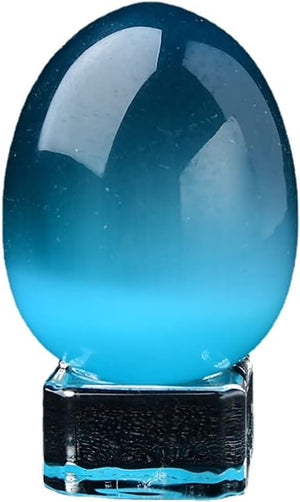 Crystal Massage Egg Sphere Sculpture Healing Crystal Ball Divination Gemstone Figurine 2 Inch Easter Egg with Stand for Room Decoration (Green Cat Eye)