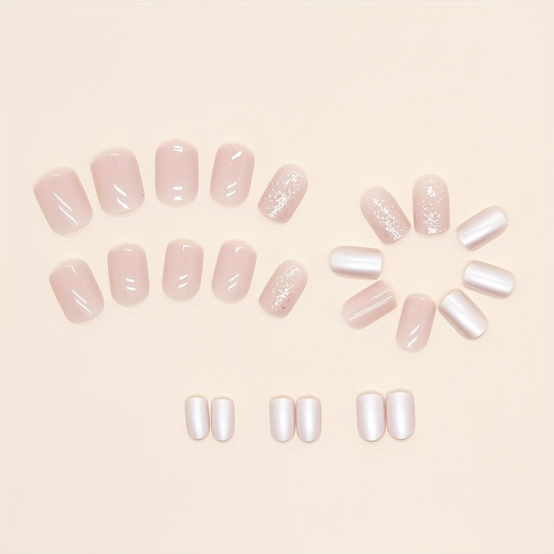 24pcs Sweet Fake Nails, Tender Pink Press On Nails With Snowflake Sequin Glue On Nails, Full Cover Short Square False Nails For Women Girls