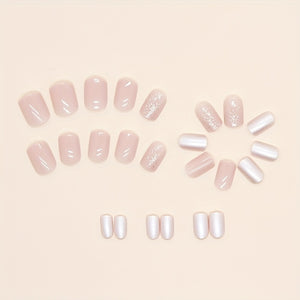 24pcs Sweet Fake Nails, Tender Pink Press On Nails With Snowflake Sequin Glue On Nails, Full Cover Short Square False Nails For Women Girls