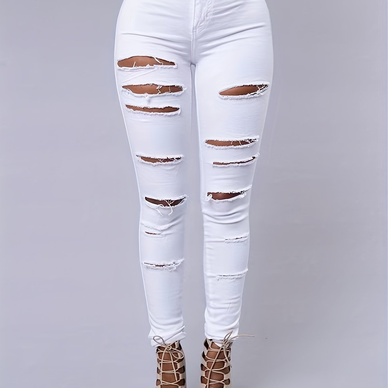 Elegant High-Stretch Skinny Jeans for All Seasons, Ripped with Chain Detail, Mid-Waist Comfort Fit Denim