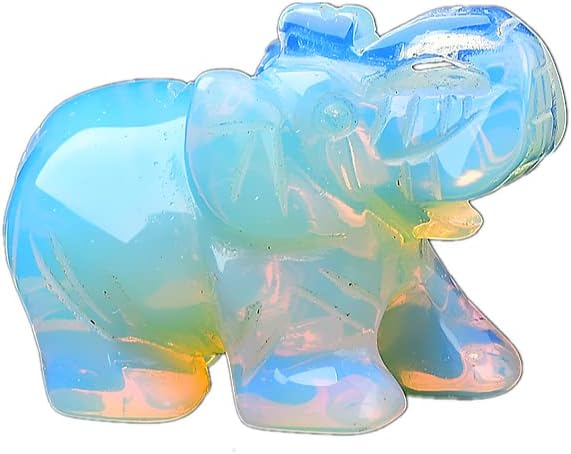 Crystal Decor 2 Inch Elephant Quartz Figurine Statue Natural Healing Crystal Carved Gemstone Stone Sculpture (A-Opal)