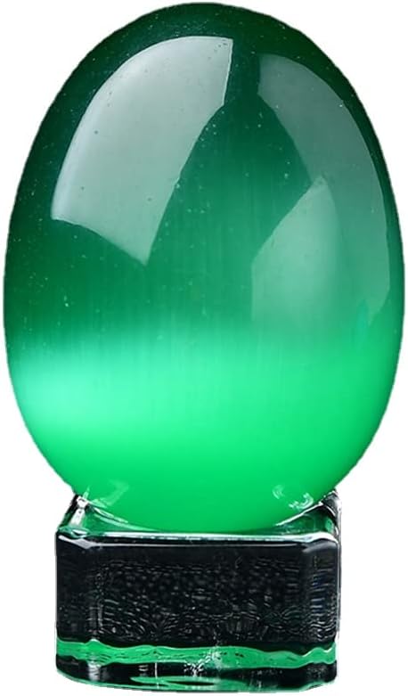Crystal Massage Egg Sphere Sculpture Healing Crystal Ball Divination Gemstone Figurine 2 Inch Easter Egg with Stand for Room Decoration (Green Cat Eye)