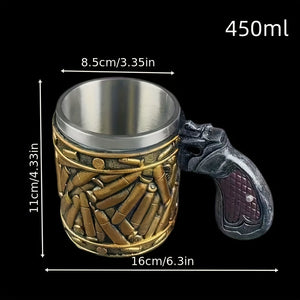 1pc, Pistol Beer Mug With Bullet Shell Decoration, Men's Stainless Steel Beer Mugs, Tea Or Coffee Cup, 450ml / 15.2oz