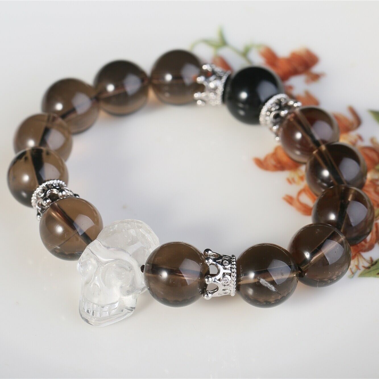 Clear Smoky Quartz Bracelet White Skull Gothic Men Fashion Healing Crystal Beads