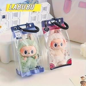 1pc LABUBU Storage Box with Transparent Dustproof Bag and Spring Keychain - High-Quality Clear Plastic Display Case Suitable for LABUBU, CRYBABY, and Winter Rhapsody Plush Toys - Collector's Gift Toy Storage Box Visible Content Design