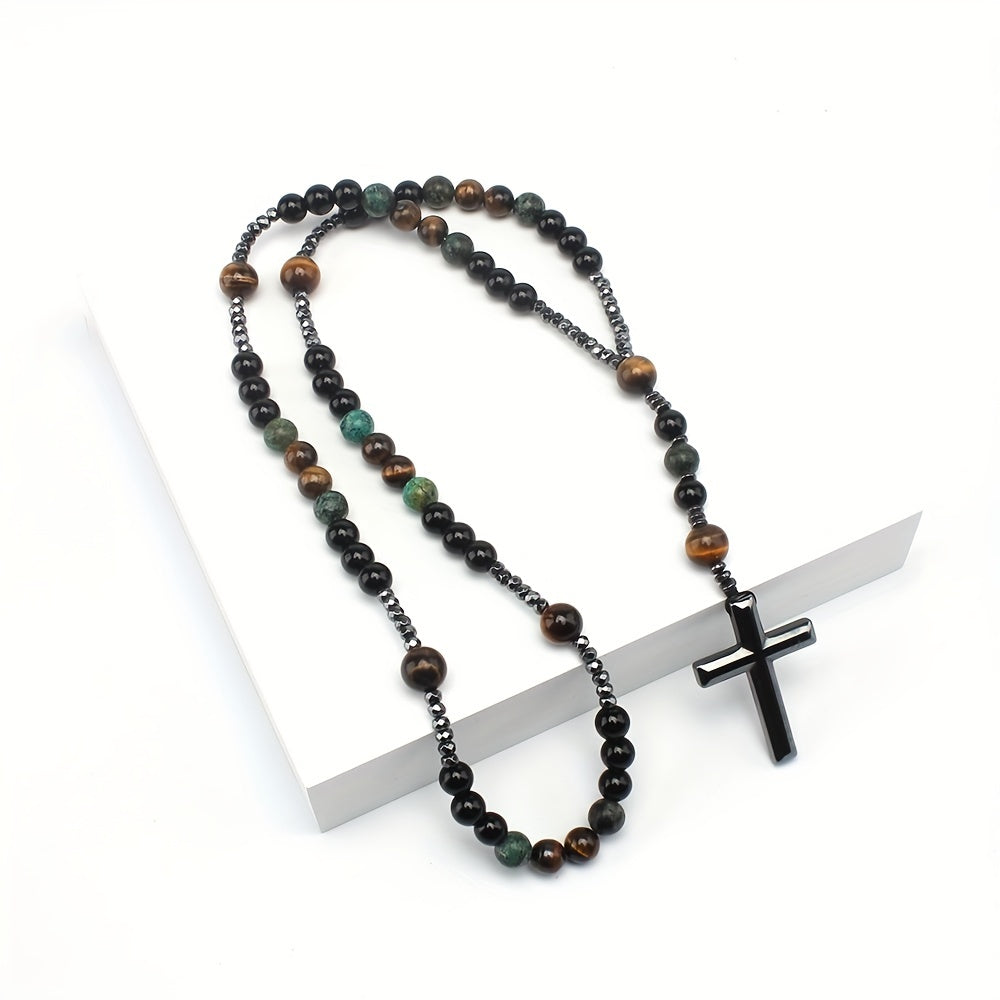 1pc Retro Natural Stone Turquoise Tiger Eye Black Hematite Cross Pendant, Men's Original Stone Prayer Beads Rosary Necklace