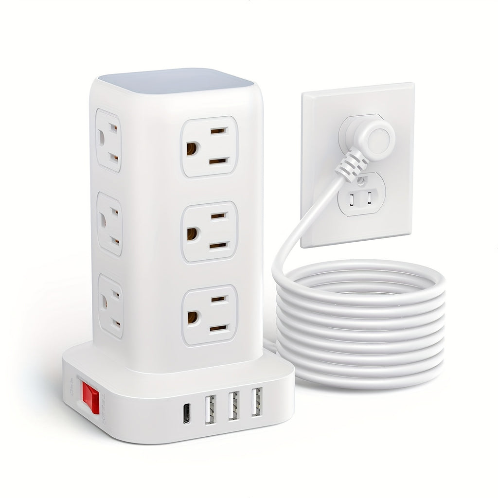 Power Strip Tower Surge Protector, Desktop Charging Station, 10ft Extension Cord, 3-Prong, Grounded, with 12 AC Outlets, 4 USB Ports, Multiple Protections for Home, Office, Dorm Room, Black And White