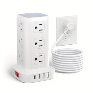 Power Strip Tower Surge Protector, Desktop Charging Station, 10ft Extension Cord, 3-Prong, Grounded, with 12 AC Outlets, 4 USB Ports, Multiple Protections for Home, Office, Dorm Room, Black And White