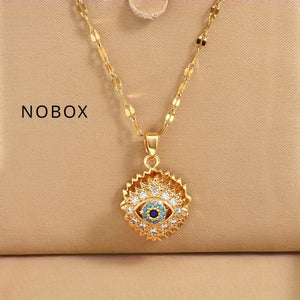 [Golden Lip Chain] Golden Stainless Steel Lip Chain Necklace - Retro Fashion Trend, Simple, Suitable for Men and Women, Couples, Street, Daily, Party, Christmas, Halloween, with Golden-plated Cubic Zirconia Round Rotating Blue Eyes and Studded Zirconia, O