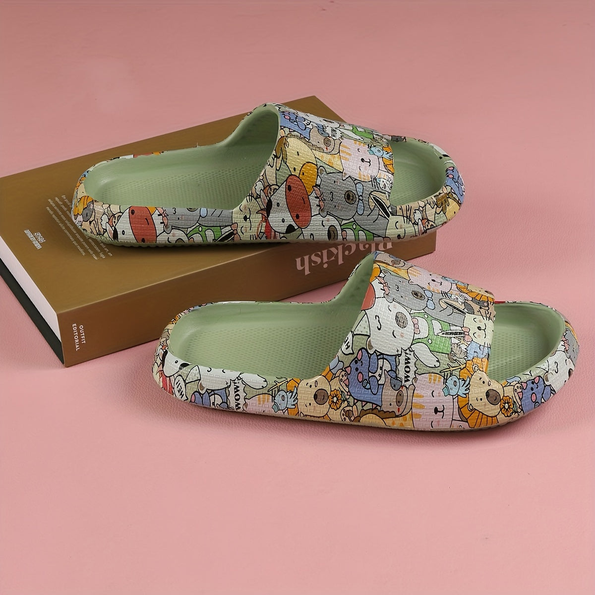 Fashionable Women's Cartoon Graffiti Slides - Summer Thick Sole EVA Slippers, Open Toe, Machine Washable, Trendy One-Strap Design