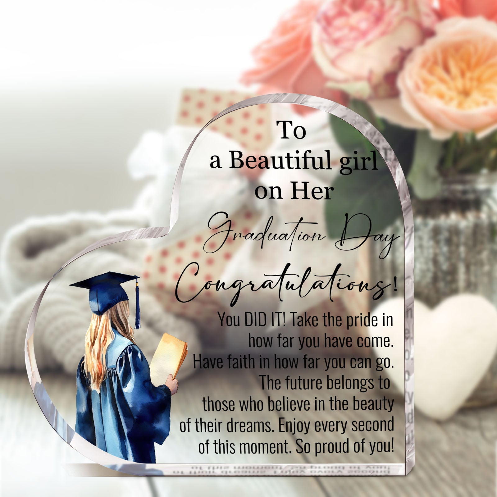 2D Flat 1pc Graduation Gift - Acrylic Heart Gift - Graduation Decor, Good Wishes, Acrylic Plaque Gift for High School, College, Graduation Party Gifts